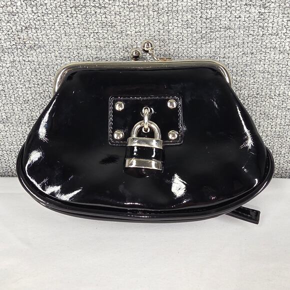 BLACK FAUX PATENT LEATHER CLUTCH PURSE W/ LOCK CHARM, BOTTOM ZIP POCKET – 7"x4" - Picture 5 of 8